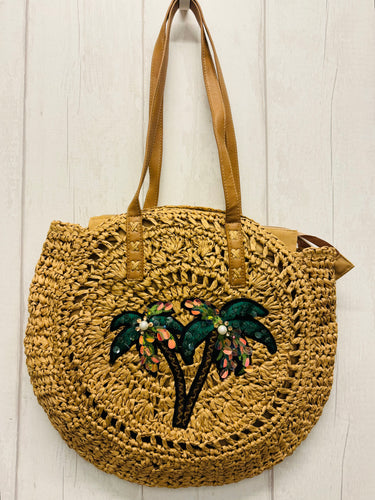 Palm Tree Tan Raffia Straw Summer Shoulder Bag